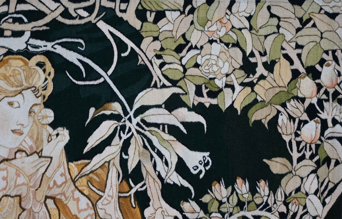 Tapisserie signé de la Manufacture Aubusson, Circa 1960 – La Jeune Femme, Alfons Mucha – N 1623-photo-3