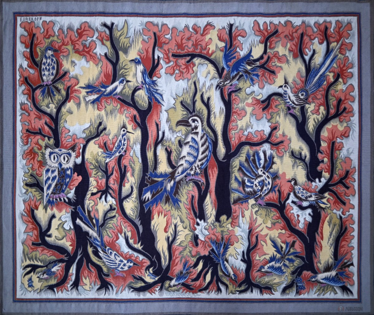 Aubusson Tapestry, Pinton Frères – Birds In The Forest, Elie Grekoff – Bolduc, N° 1634