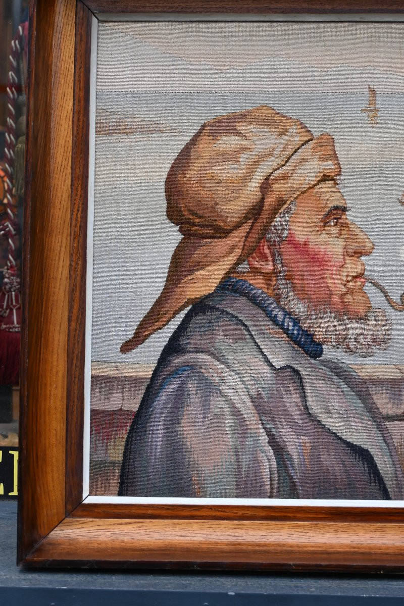 Framed Tapestry, Sailor Smoking A Pipe – Atelier Berton – 56 × 48 × 6 Cm – No. 1646-photo-1