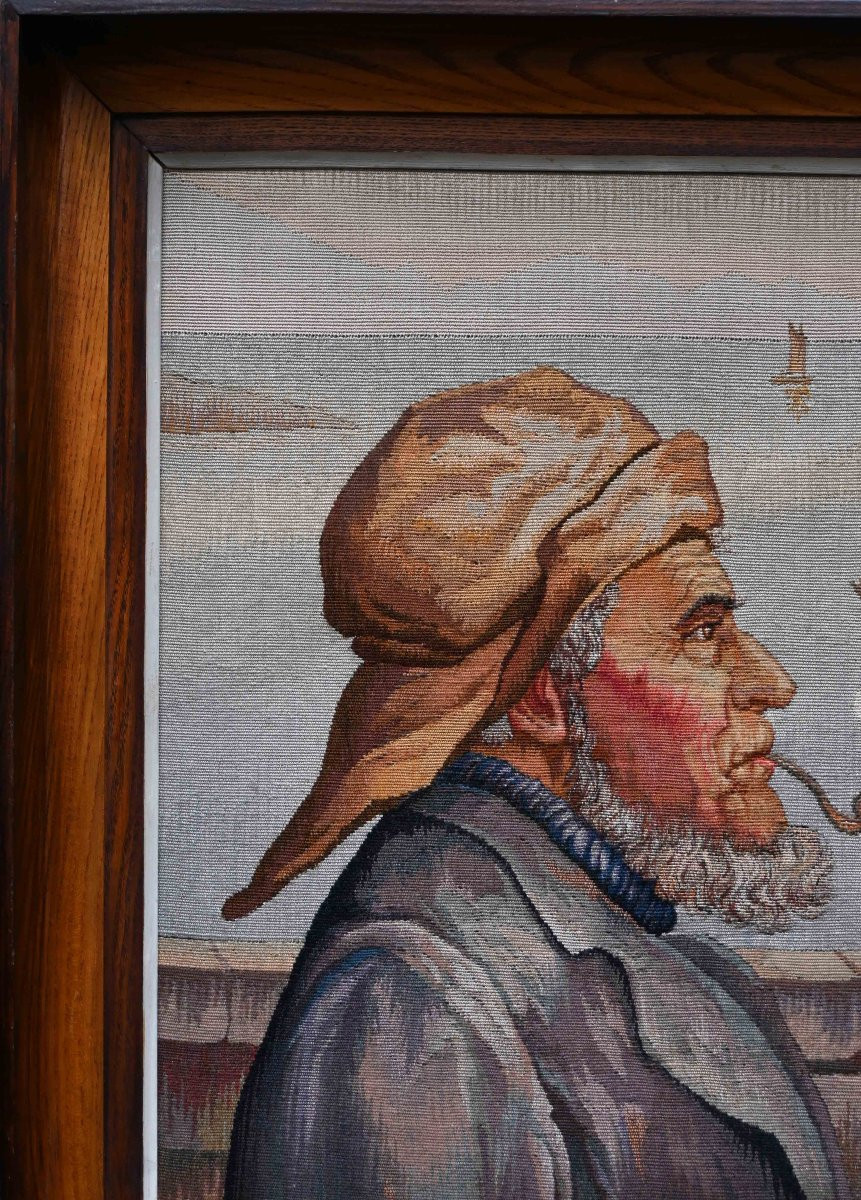 Framed Tapestry, Sailor Smoking A Pipe – Atelier Berton – 56 × 48 × 6 Cm – No. 1646-photo-2