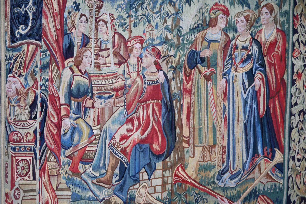 Tapisserie médiévale du XIXe – “Bethsabée conviée par le Roi David” - 166Lx246H - N° 1656-photo-6