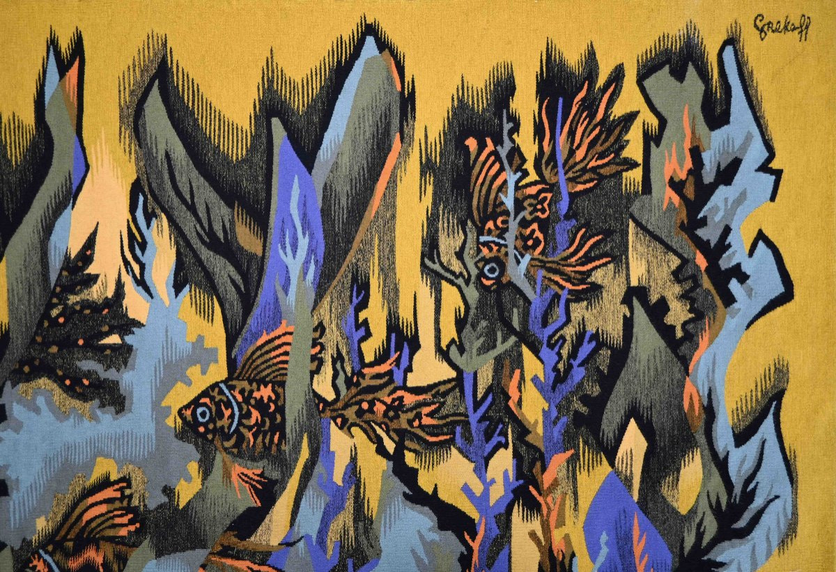 Aubusson Tapestry - Atelier Pintons Frers - Elie Grekoff, Poissons Oranges - N° 1469-photo-3