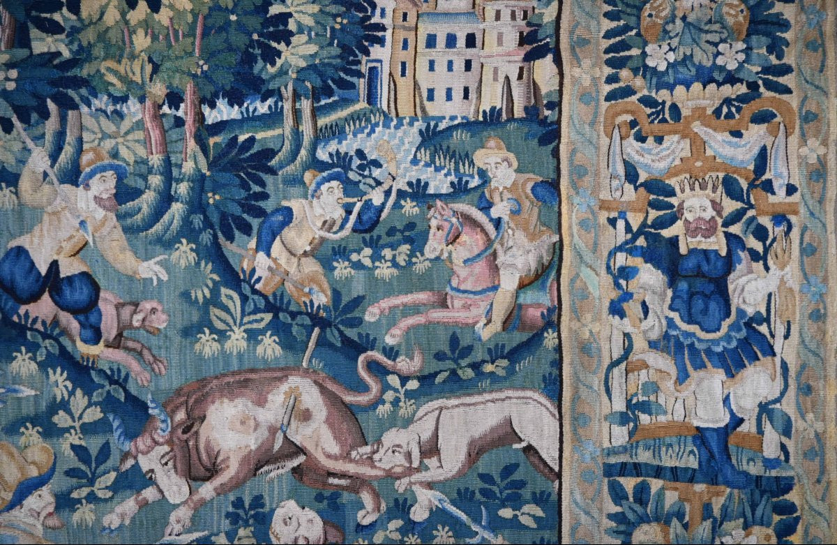 Tapisserie Antique de la manufacture des Flandres XVIIe siècle, scène de chasse — N° 1661-photo-1