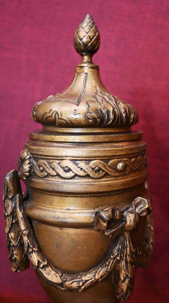 Pair Of Gilt-patinated Bronze Cassolettes On Marble Bases – Louis XVI Style – No. 1713-photo-3