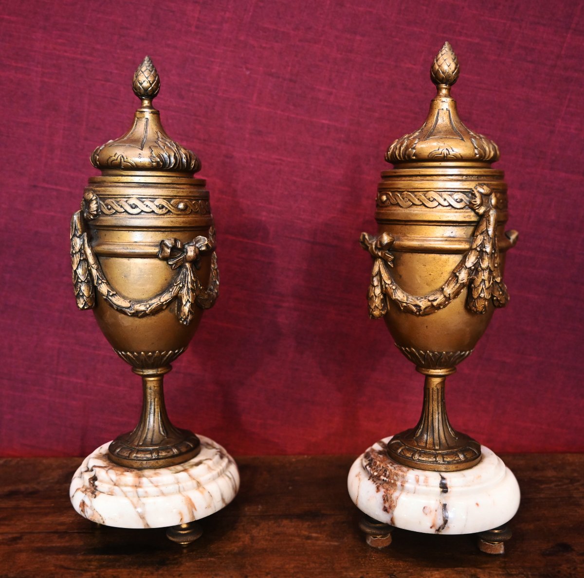 Pair Of Gilt-patinated Bronze Cassolettes On Marble Bases – Louis XVI Style – No. 1713