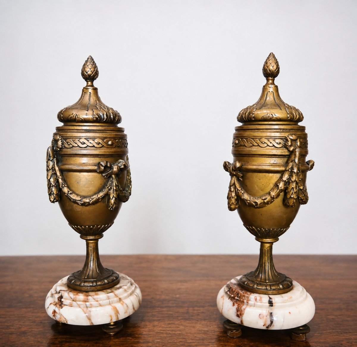 Pair Of Gilt-patinated Bronze Cassolettes On Marble Bases – Louis XVI Style – No. 1713