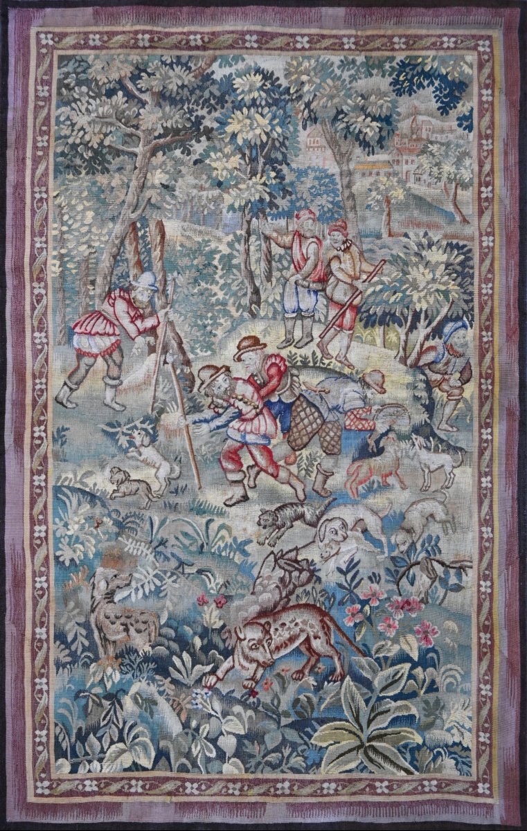Tapisserie des Flandres XIXe siècle – Scène de Chasse au Loup, dans le goût du XVIe - N° 1687