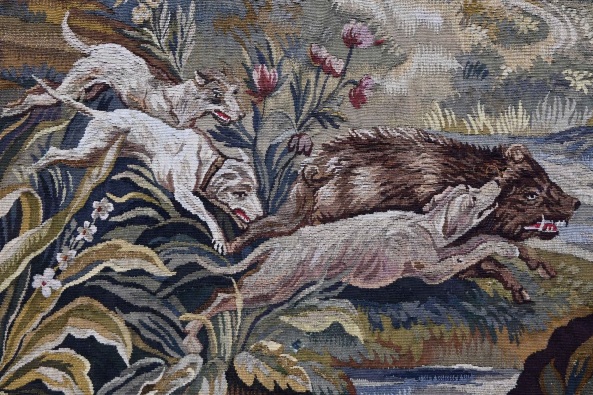 19th-century Aubusson Tapestry – Greenery With A Hunting Scene – Floral Design – 200 × 157 Cm - No. 1699-photo-2