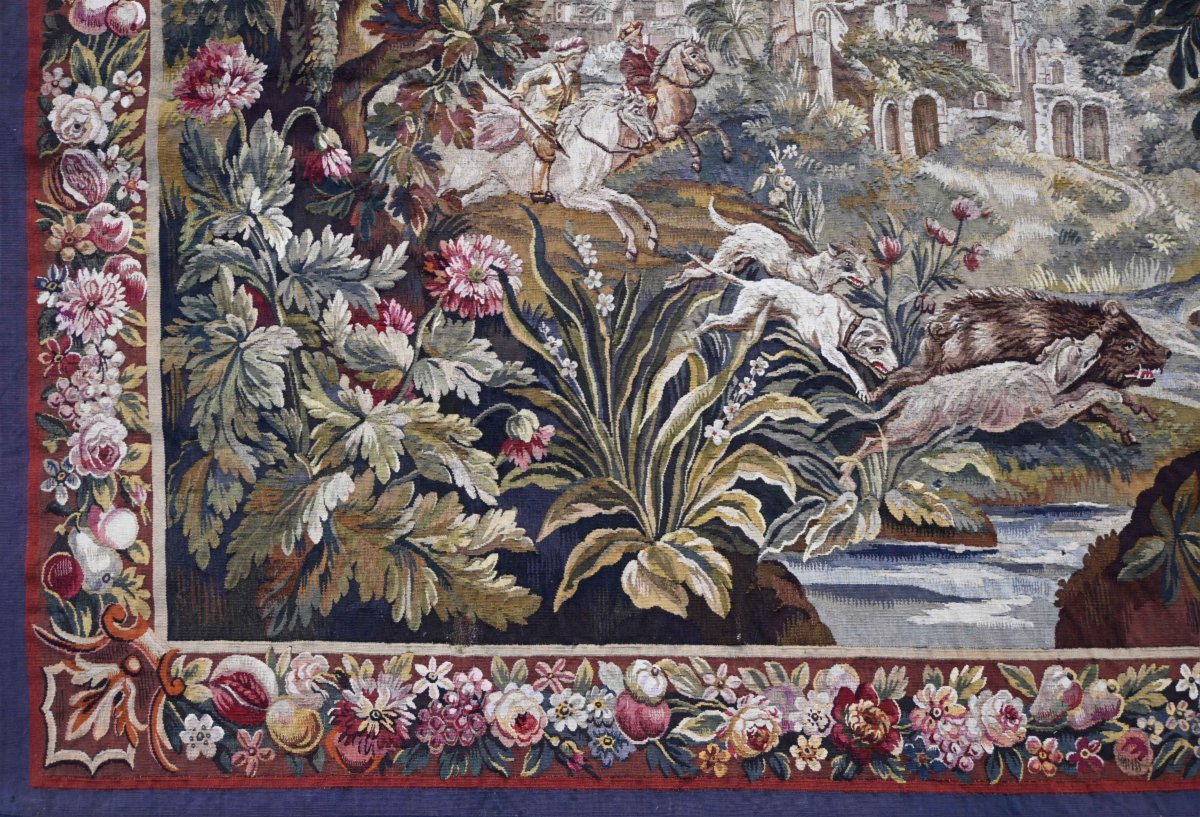 19th-century Aubusson Tapestry – Greenery With A Hunting Scene – Floral Design – 200 × 157 Cm - No. 1699-photo-3