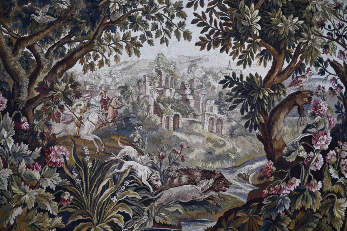 19th-century Aubusson Tapestry – Greenery With A Hunting Scene – Floral Design – 200 × 157 Cm - No. 1699-photo-4