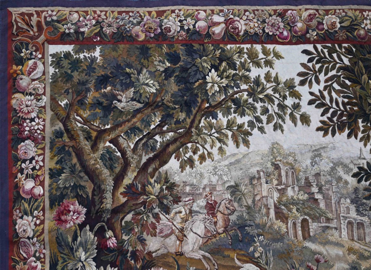 19th-century Aubusson Tapestry – Greenery With A Hunting Scene – Floral Design – 200 × 157 Cm - No. 1699-photo-1