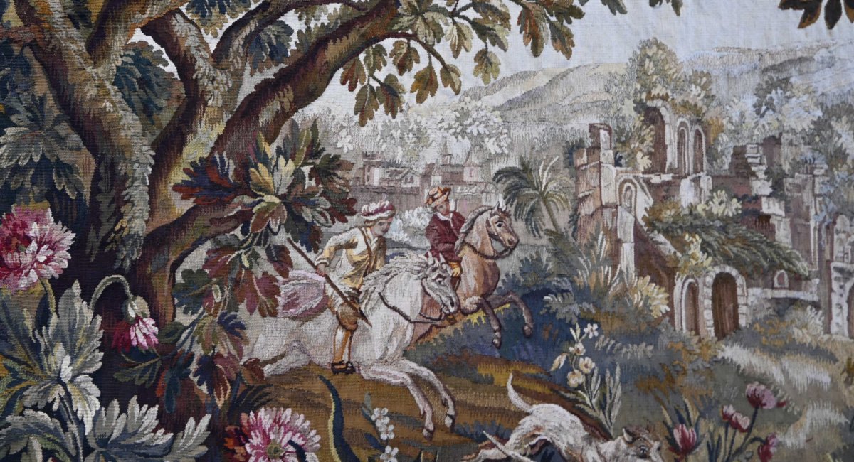 19th-century Aubusson Tapestry – Greenery With A Hunting Scene – Floral Design – 200 × 157 Cm - No. 1699-photo-2