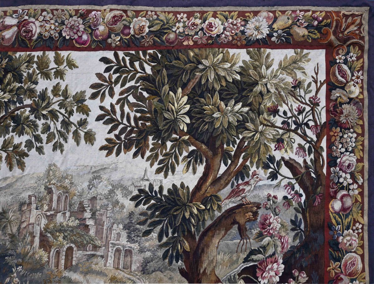 19th-century Aubusson Tapestry – Greenery With A Hunting Scene – Floral Design – 200 × 157 Cm - No. 1699-photo-3