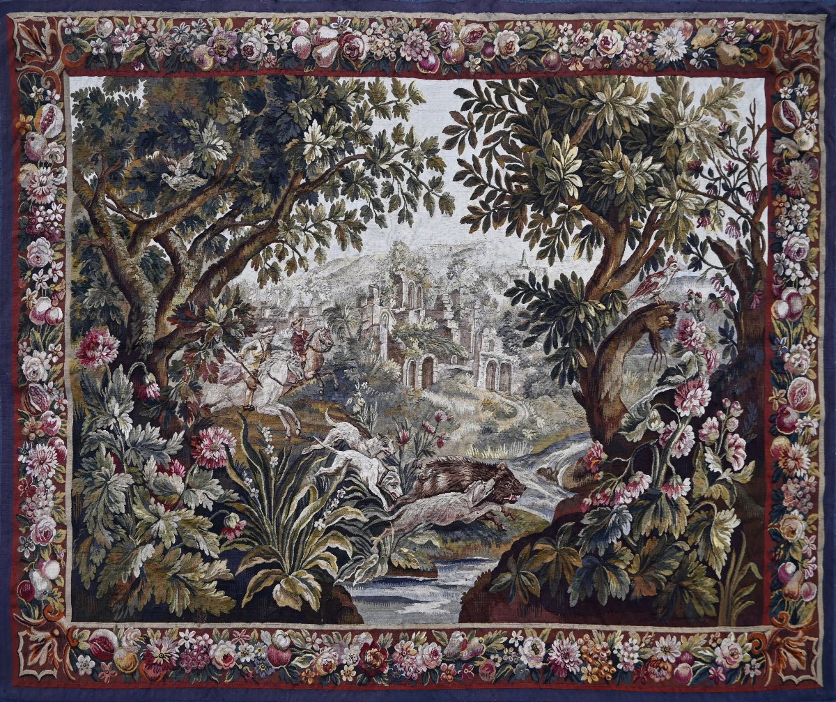 19th-century Aubusson Tapestry – Greenery With A Hunting Scene – Floral Design – 200 × 157 Cm - No. 1699