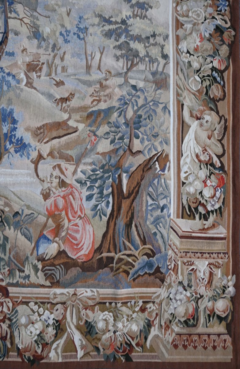 Tapisserie d'Aubusson – Scène de Chasse à Courre, décor verdoyant – 150Lx156H - N° 1718-photo-1