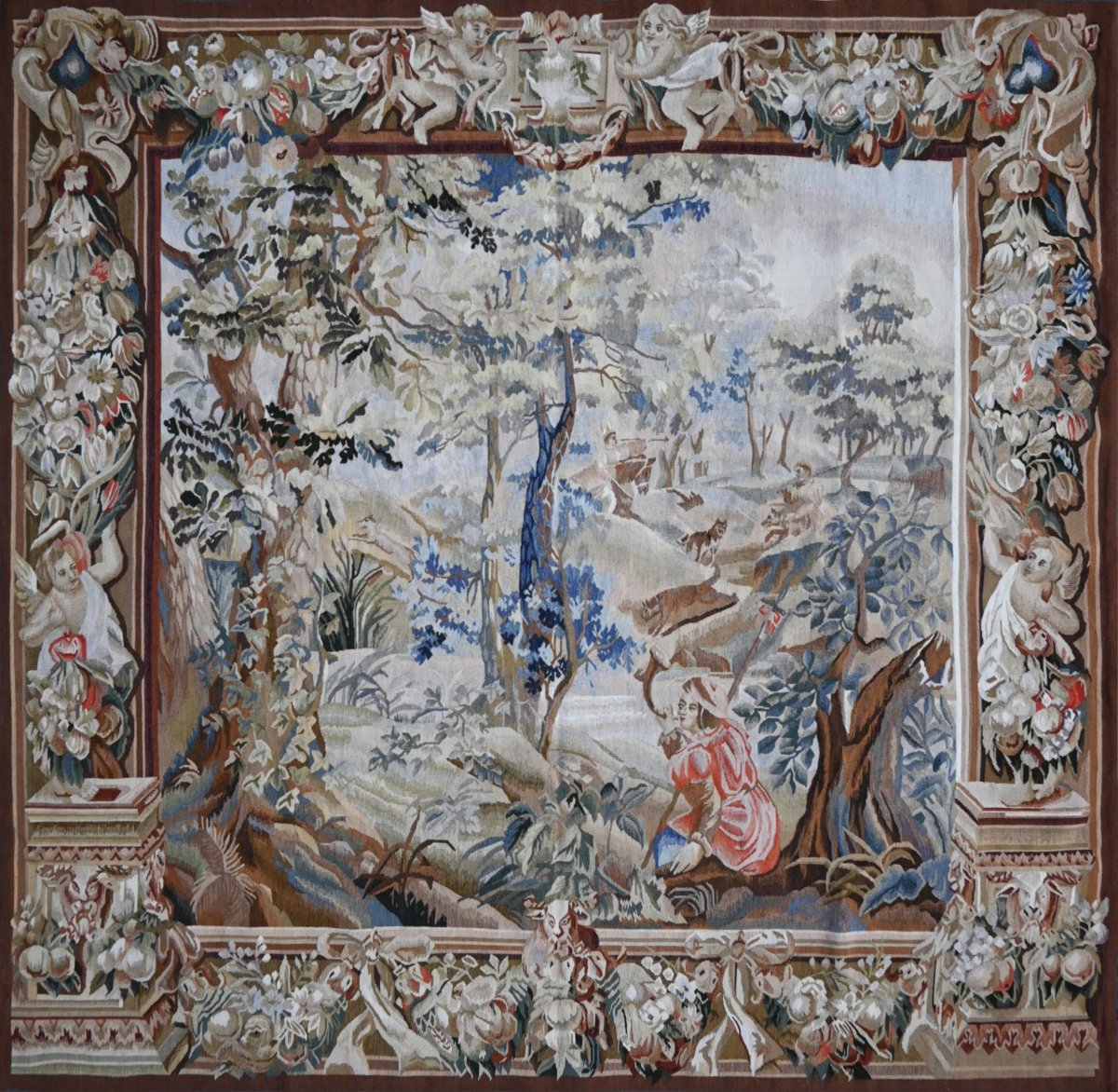 Tapisserie d'Aubusson – Scène de Chasse à Courre, décor verdoyant – 150Lx156H - N° 1718