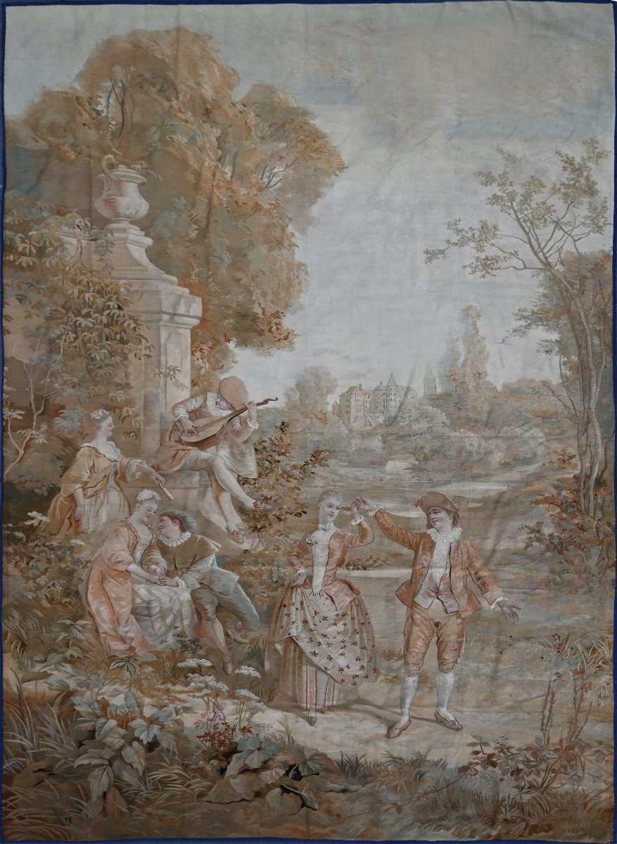 Tapisserie d’Aubusson XIXe siècle – Scène galante et musicale dans un parc, 2,80 × 1,80 m - 943-photo-4