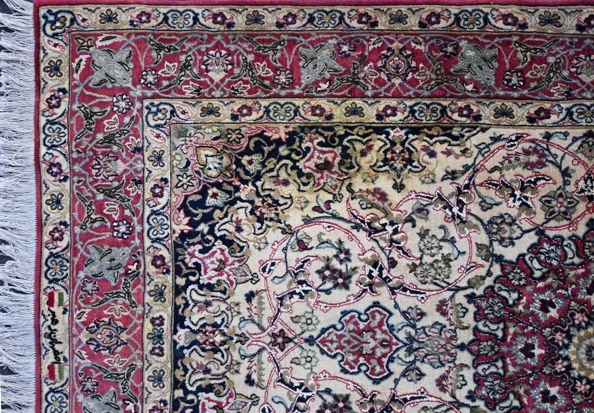Rare Signed Persian Rug From Isfahan – Wool And Silk – Shah Era, Circa 1970 – No. 1705-photo-4