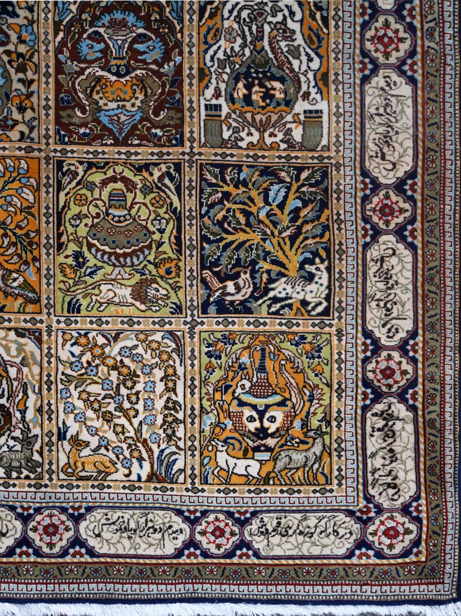 Silk Rug – “garden / Panels” Design With Calligraphic Inscriptions (c. 1980) - No. 1680 -photo-3