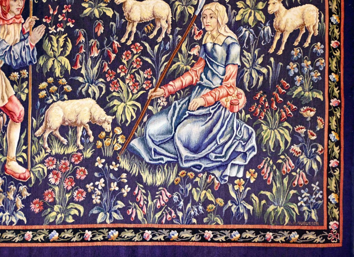 Signed Aubusson Tapestry – Pastoral Scene With A Shepherd And A Shepherdess - No. 1369-photo-2