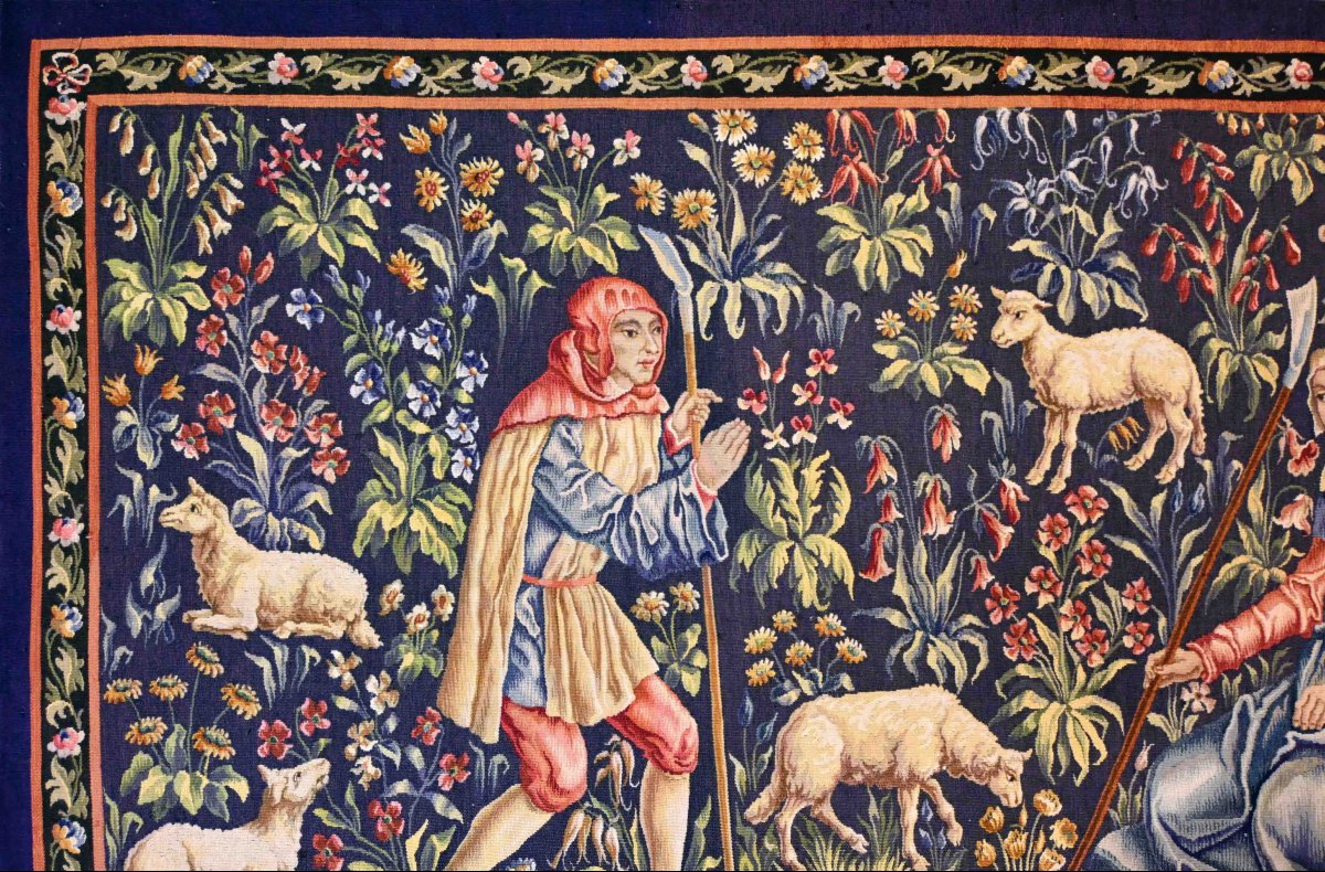 Signed Aubusson Tapestry – Pastoral Scene With A Shepherd And A Shepherdess - No. 1369-photo-4