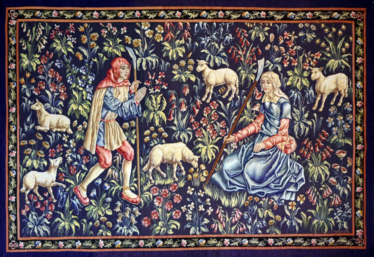 Signed Aubusson Tapestry – Pastoral Scene With A Shepherd And A Shepherdess - No. 1369