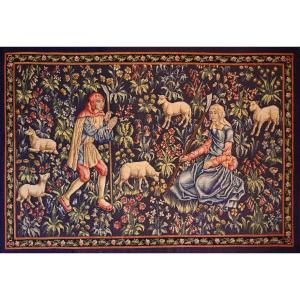 Aubusson Tapestry Signed 19th Century | A Shepherd Couple And Their Flock Of Sheep | No. 1369