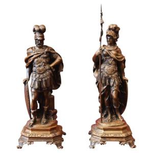 Mathurin MOREAU (1822-1912) – Paire de Bronzes « Athéna et Mars » en Armure