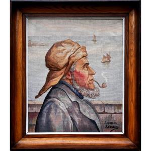 Framed Tapestry, Sailor Smoking A Pipe – Atelier Berton – 56 × 48 × 6 Cm – No. 1646