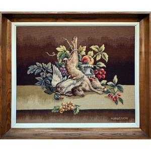 Tableau en tapisserie Aubusson Encadré en bois – Nature morte au gibier et aux fruits – N° 1684