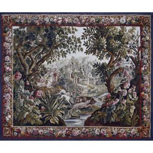 Tapisserie d'Aubusson XIXᵉ – Verdure à scène de chasse – Décor floral – 200 × 157 cm - N° 1699