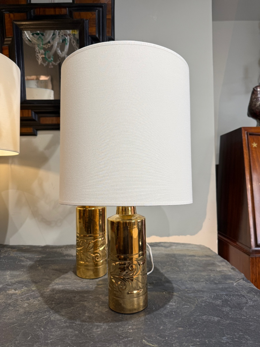 Paire de lampes en céramique doree Suede 1970