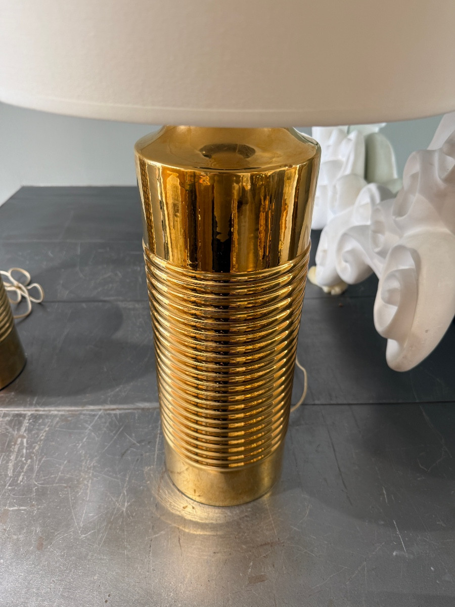 Paire de lampes en céramique emailee or Suede 1970-photo-2