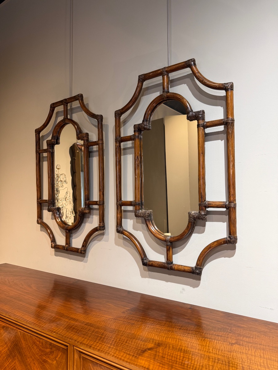 Paire de grands miroirs en rotin circa 1970-photo-2