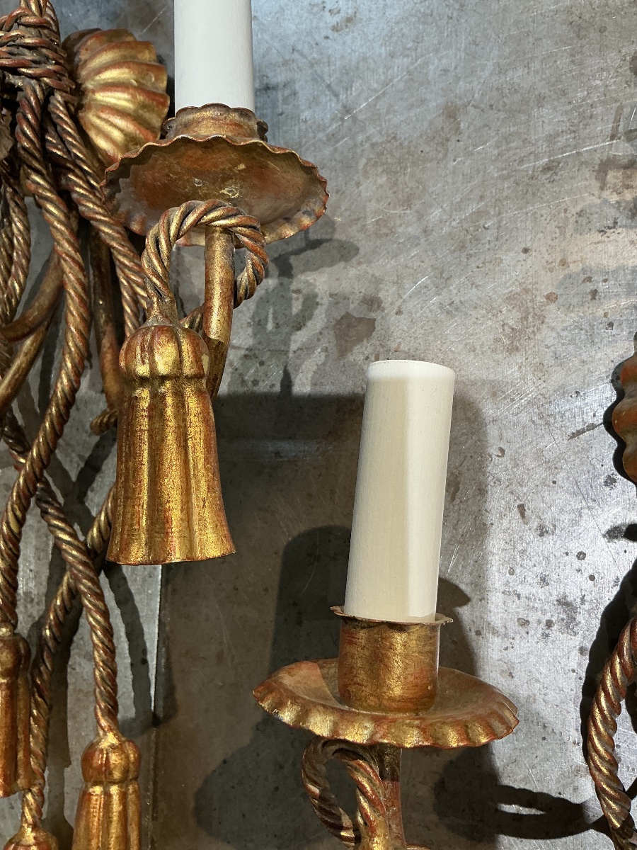 Pair Of Gold-plated Metal Wall Sconces, Circa 1970-photo-2