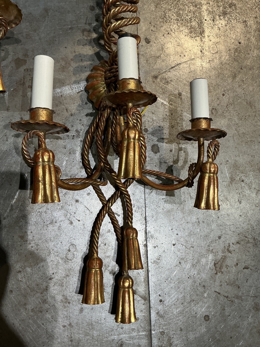 Pair Of Gold-plated Metal Wall Sconces, Circa 1970-photo-4
