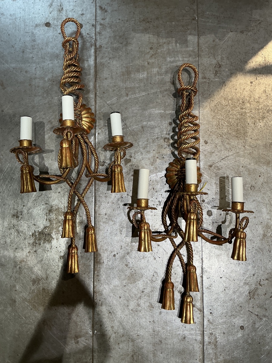 Pair Of Gold-plated Metal Wall Sconces, Circa 1970