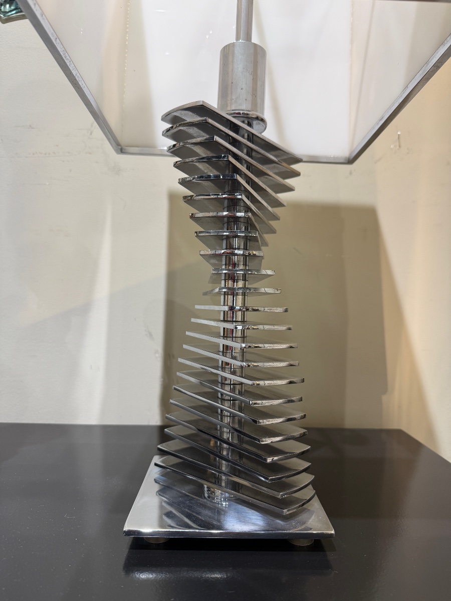 Pair Of Chrome Metal Lamps, Circa 1970-photo-2
