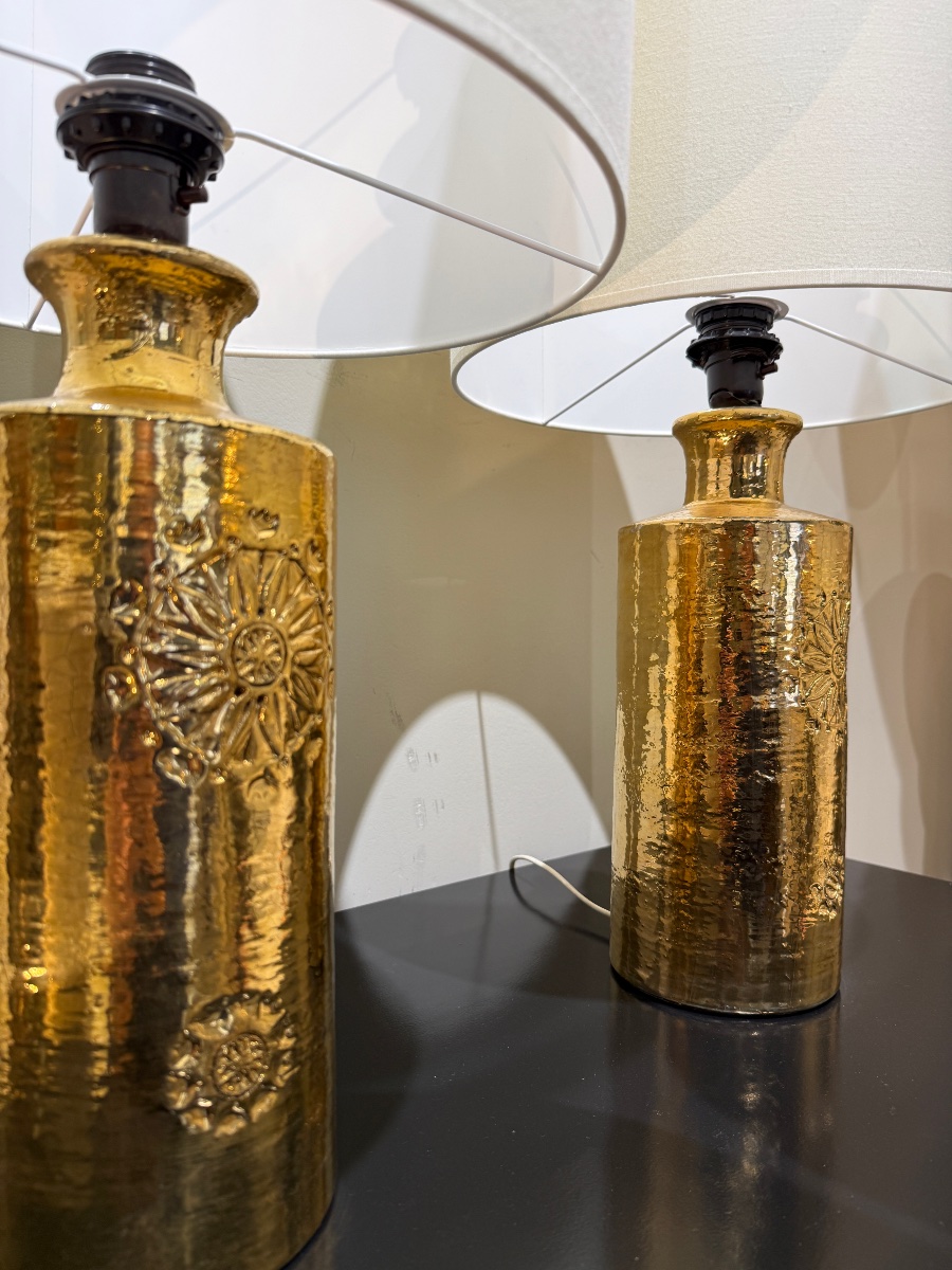 Pair Of Gilded Ceramic Bergboms Lamps, Circa 1970-photo-4