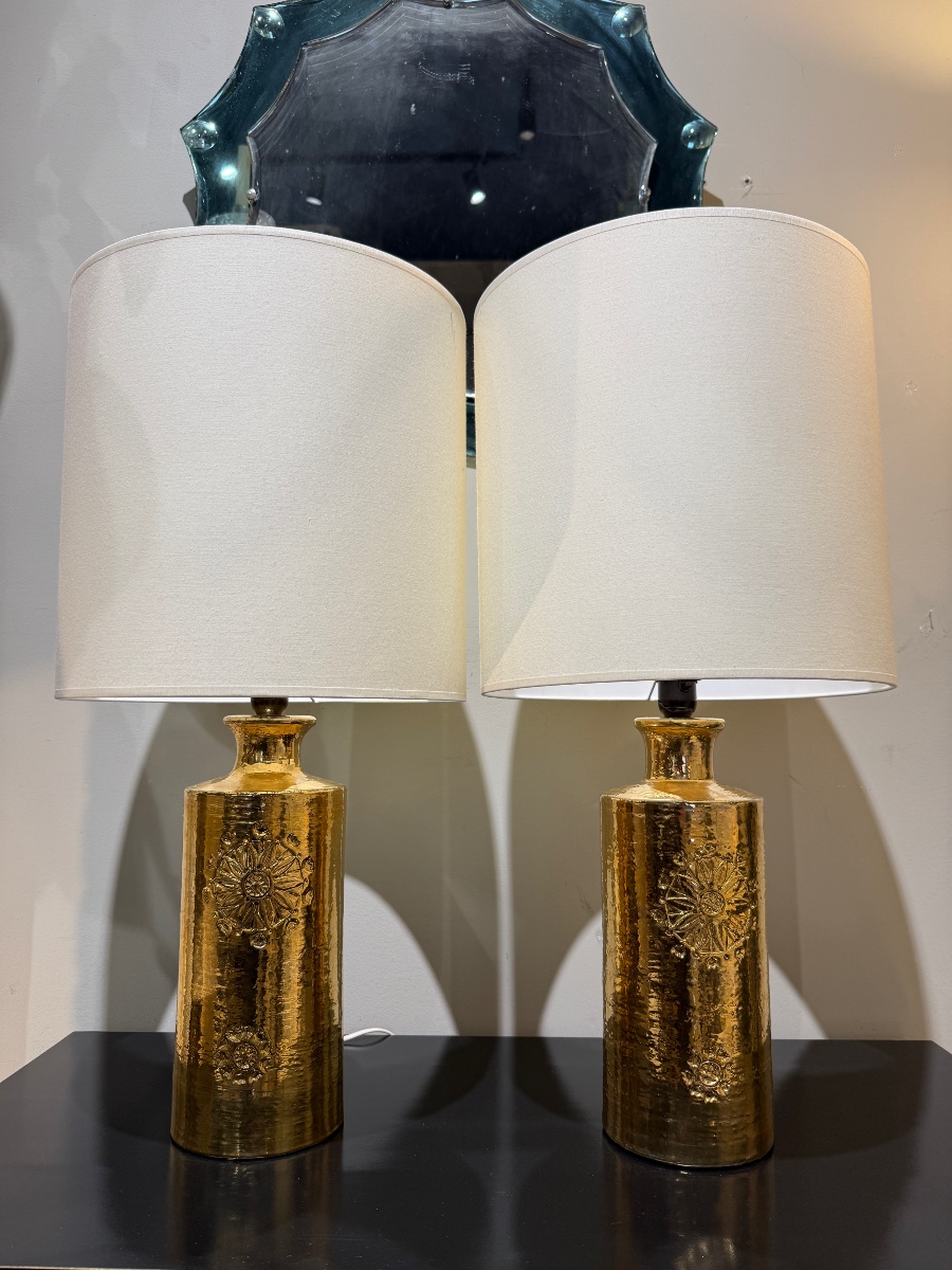Pair Of Gilded Ceramic Bergboms Lamps, Circa 1970