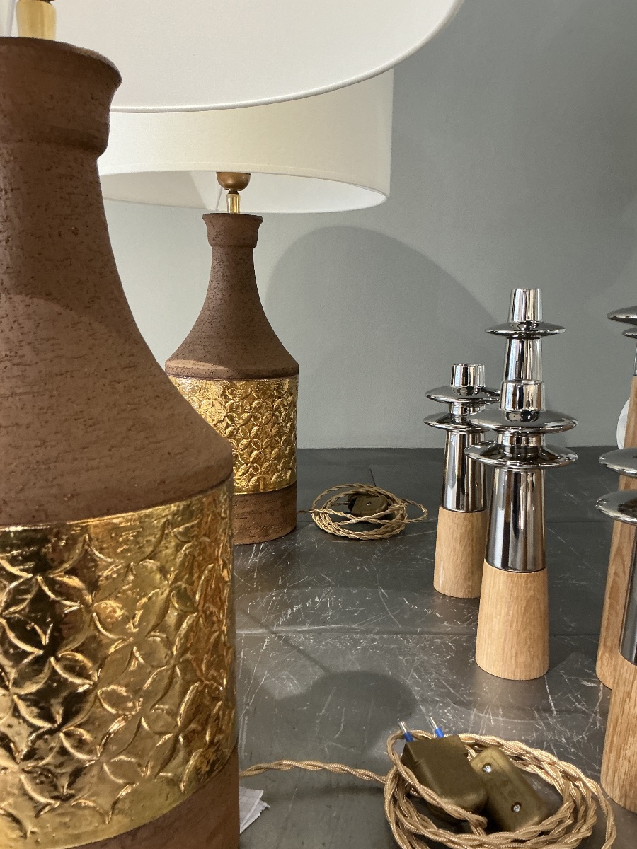 Pair Of Gilded Ceramic Lamps By Bitossi, Circa 1970-photo-2