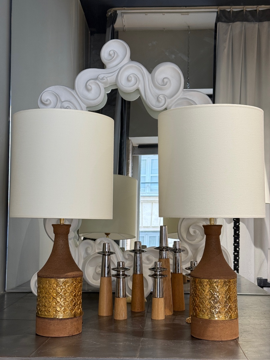 Pair Of Gilded Ceramic Lamps By Bitossi, Circa 1970