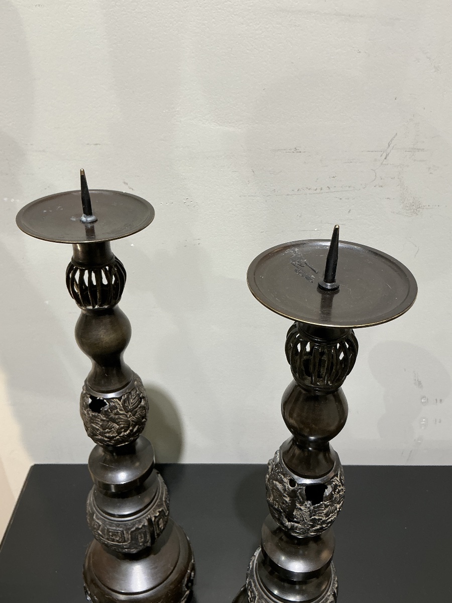 Paire de bougeoirs en bronze Japon circa 1940-photo-2
