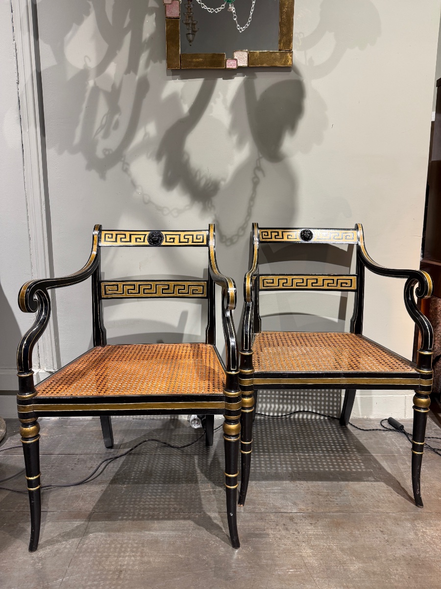 Pair Of Painted Wooden Cane Armchairs, England, 20th Century