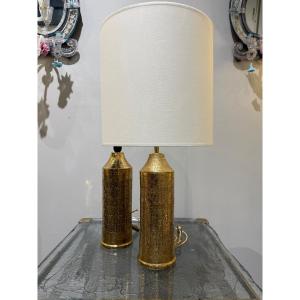 Pair Of Gold-glazed Ceramic Lamps Circa 1970