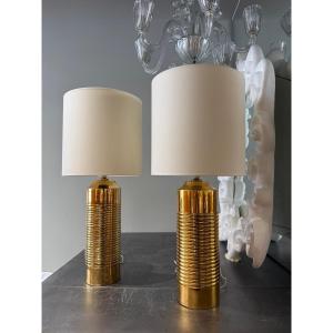 Paire de lampes en céramique emailee or Suede 1970