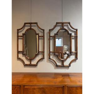 Paire de grands miroirs en rotin circa 1970