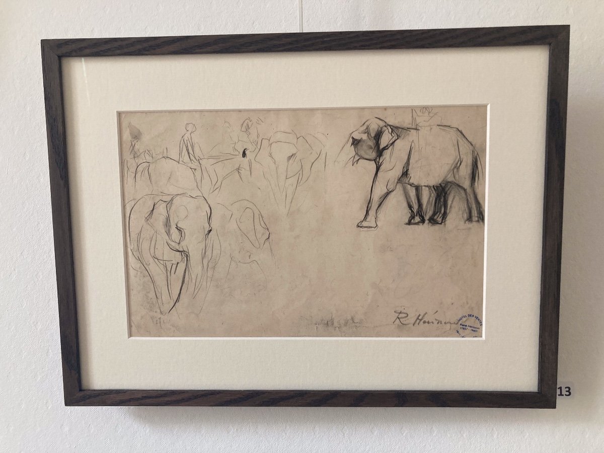 René Hérisson, Study Of An Elephant, Graphite And Charcoal On Paper-photo-2