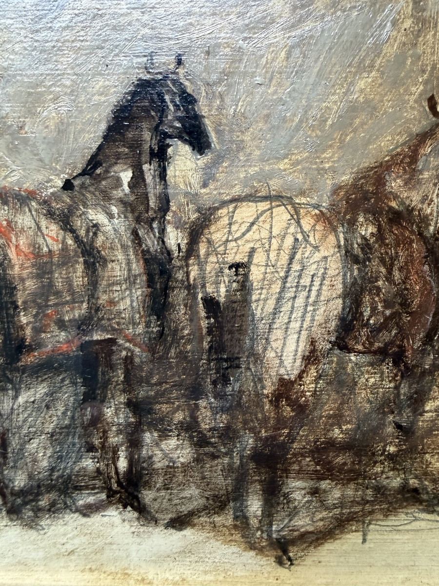 La Boulaye, Three Horses In The Stables, Oil On Panel-photo-1