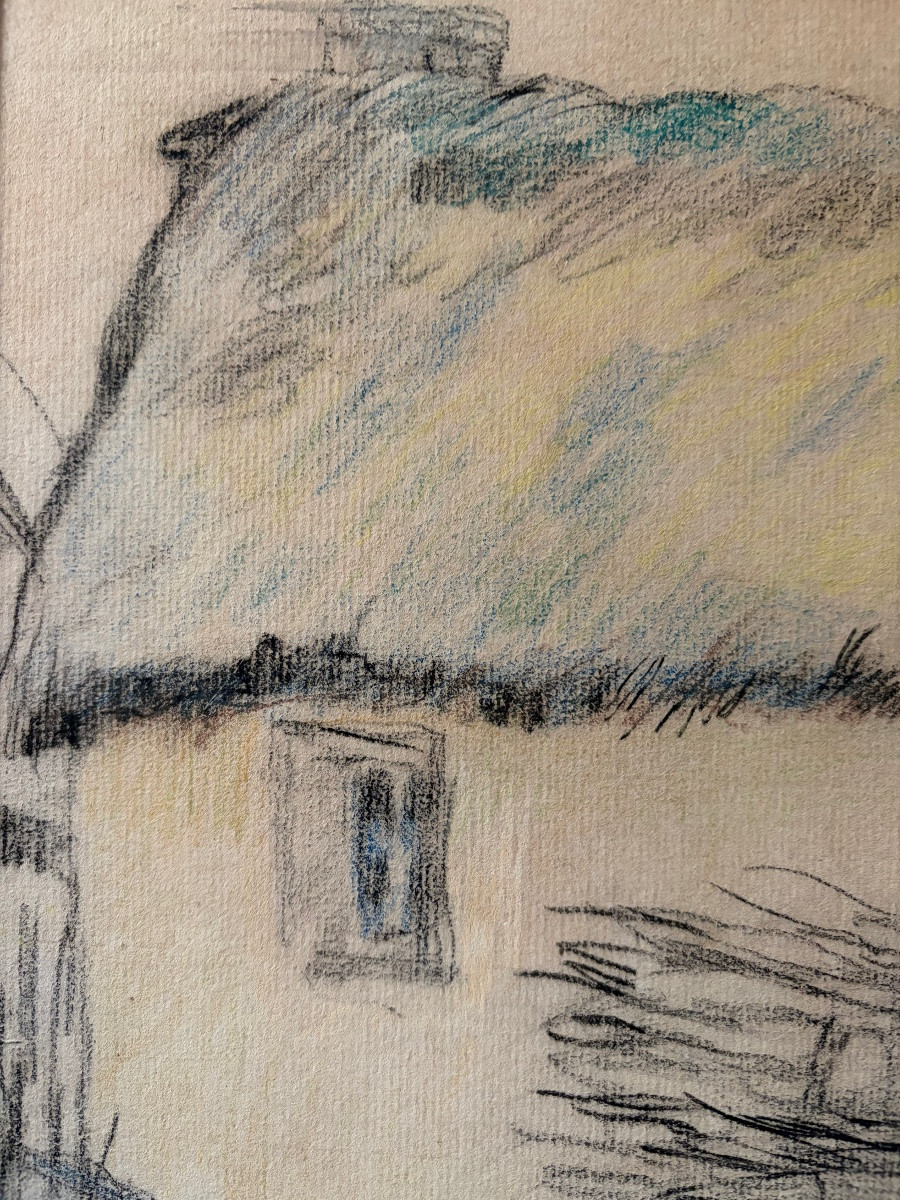 Camille Pissarro, Chaumière, Circa 1881, Fusain sur papier avec rehauts de couleurs-photo-3